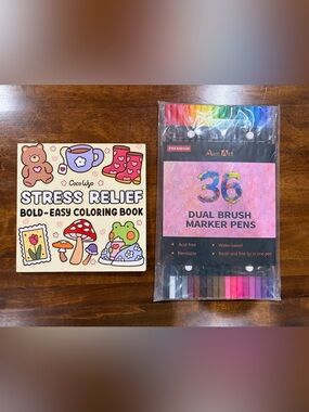 36-Piece Dual Brush Marker Pens with Stress Relief Coloring Book